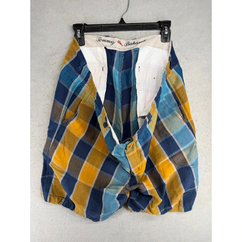Tommy Bahama Mens Plaid Linen Blend Shorts Blue Yellow Size 40 Flat Front